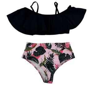 NWT Iffei Kids Girls 8-9 Years Black Ruffle Floral 2 Piece Matching Swimwear